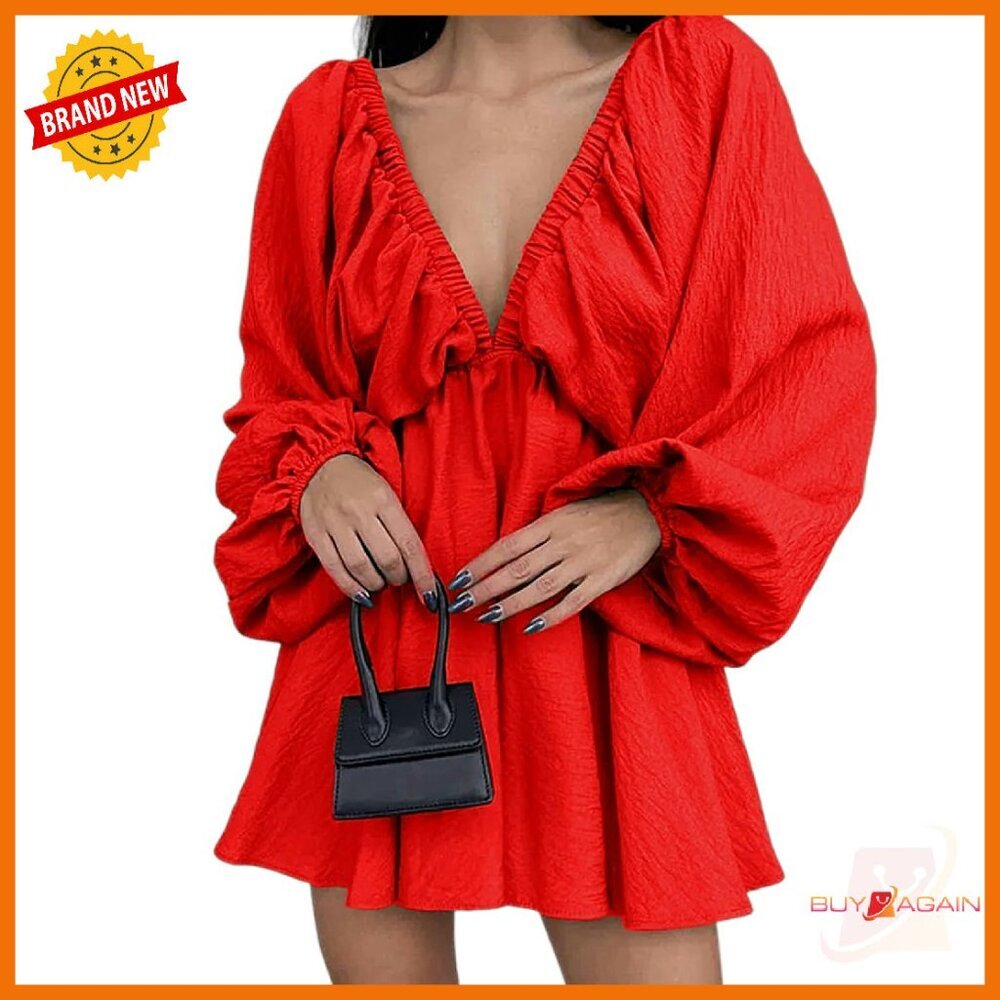 Deep V-Neck Backless Bodycon Dress with Puff Sleeves - Mini Dress